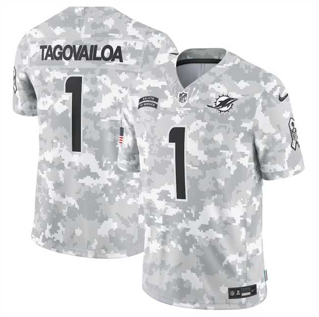 Mens Miami Dolphins #1 Tua Tagovailoa 2024 Arctic Camo Salute To Service Limited Stitched Jersey Dyin